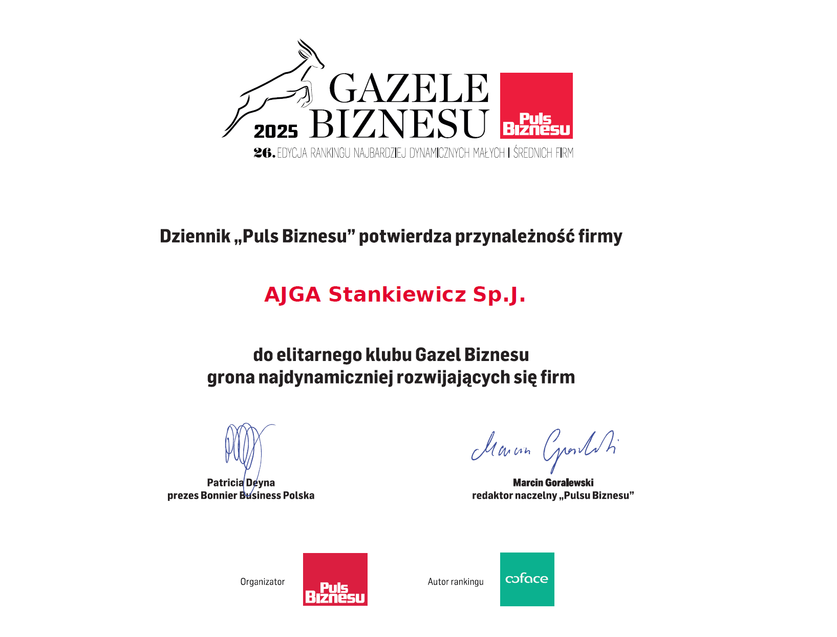 Certyfikat Gazele Biznesu 2025 - AJGA Stankiewicz Sp.J.